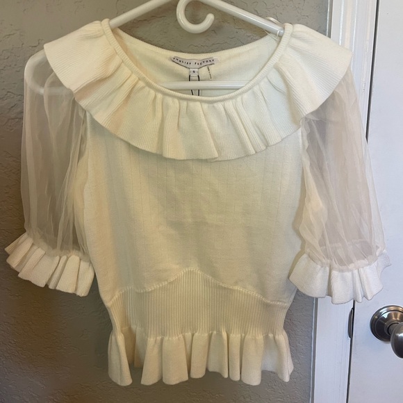 Organza Puff Sleeve Knit Ruffled Neck Top - Picture 3 of 6